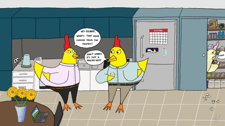 Cartoon of Chickens wearing Clothes in Corporate Office being disturbed by a Spooky Poultry-Geist